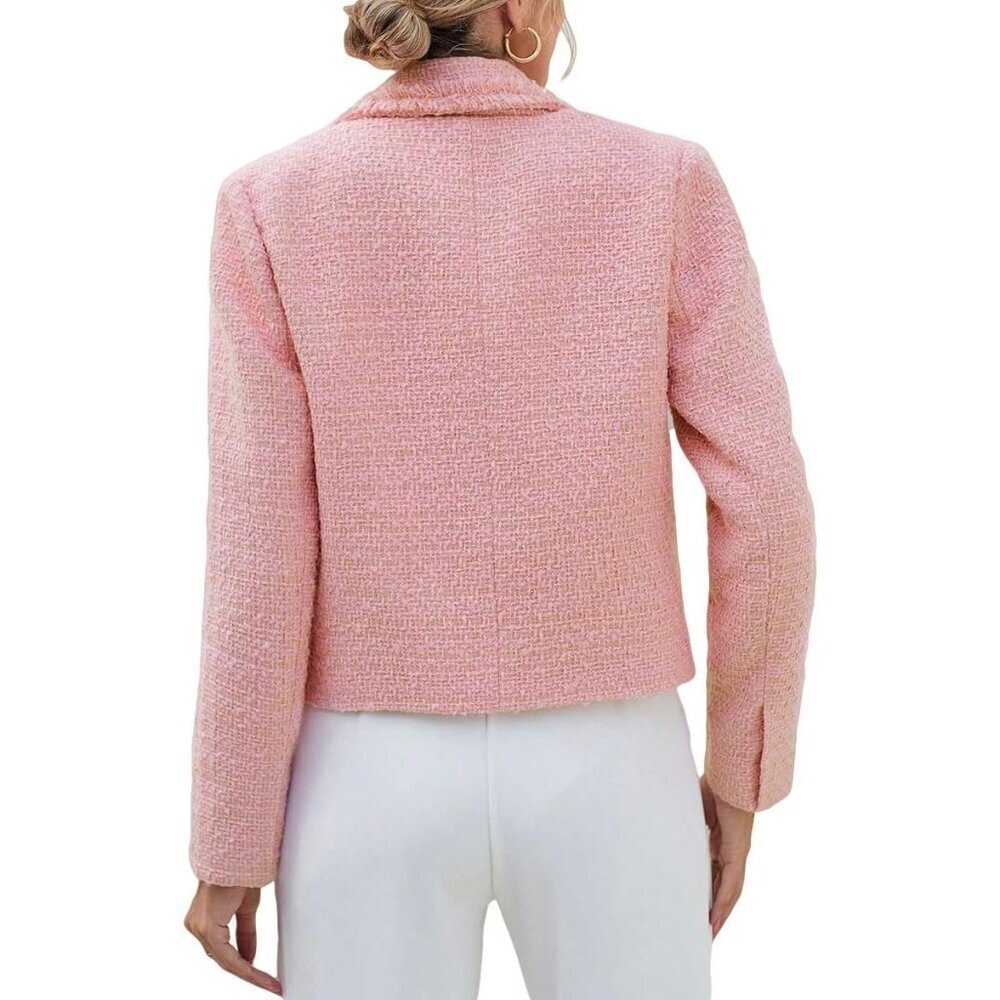 Women's Tweed Blazer Elegant Double-Breasted Open Front Jacket Pockets - Picture 2 of 6